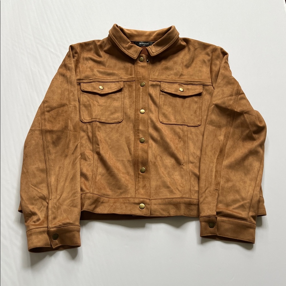 Allegra K Turn Down Collar Vegan Suede Trucker Shirt Jacket Caramel Plus XXXL